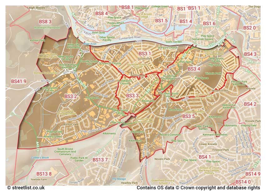 map showing postcode sectors within the BS3 district