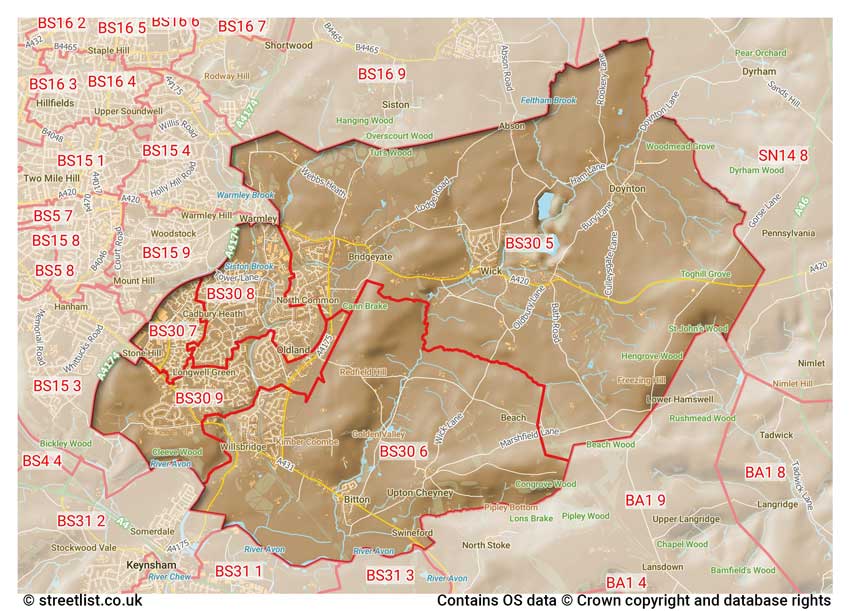 map showing postcode sectors within the BS30 district