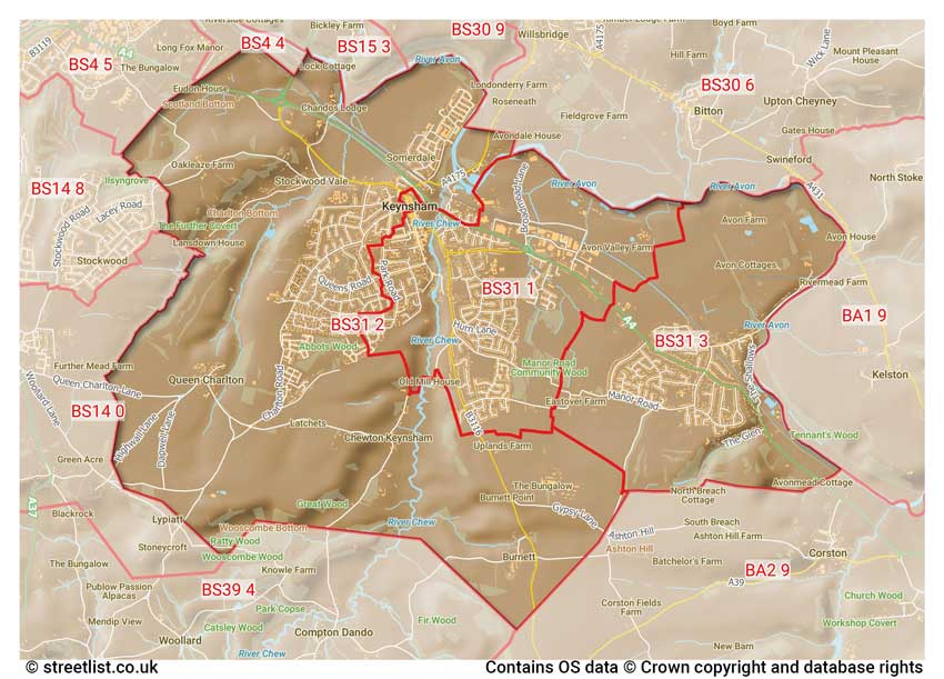 map showing postcode sectors within the BS31 district