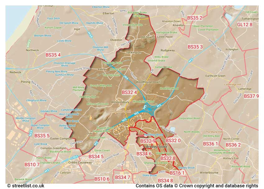 map showing postcode sectors within the BS32 district