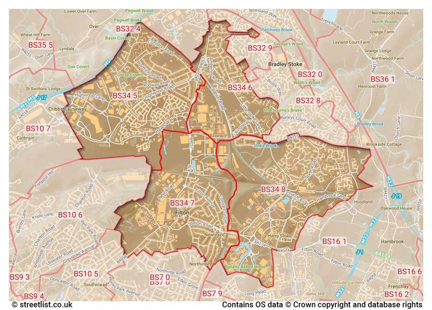 map showing postcode sectors within the BS34 district