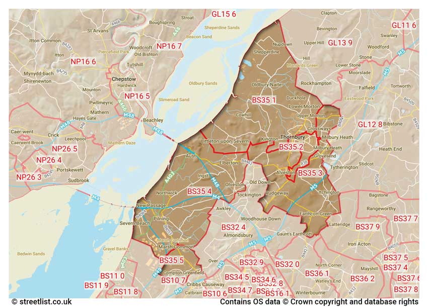 map showing postcode sectors within the BS35 district