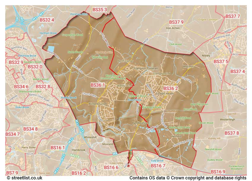 map showing postcode sectors within the BS36 district