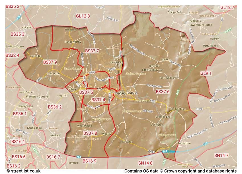 map showing postcode sectors within the BS37 district