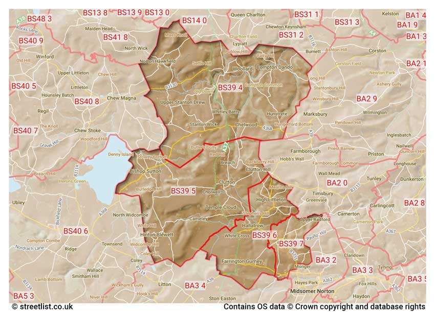 map showing postcode sectors within the BS39 district