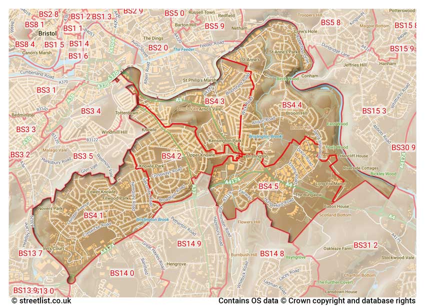 map showing postcode sectors within the BS4 district