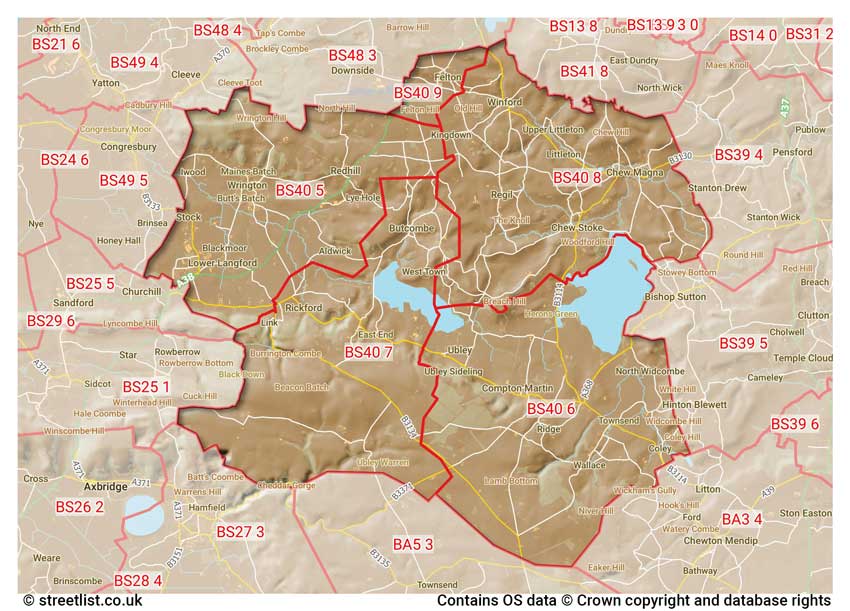 map showing postcode sectors within the BS40 district