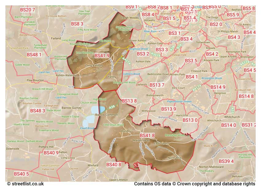 map showing postcode sectors within the BS41 district