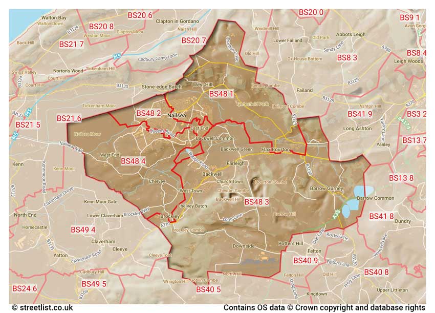 map showing postcode sectors within the BS48 district