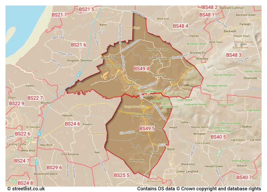 map showing postcode sectors within the BS49 district