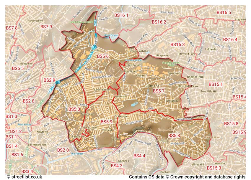 map showing postcode sectors within the BS5 district