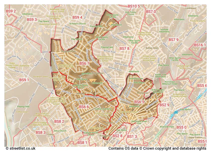 map showing postcode sectors within the BS6 district