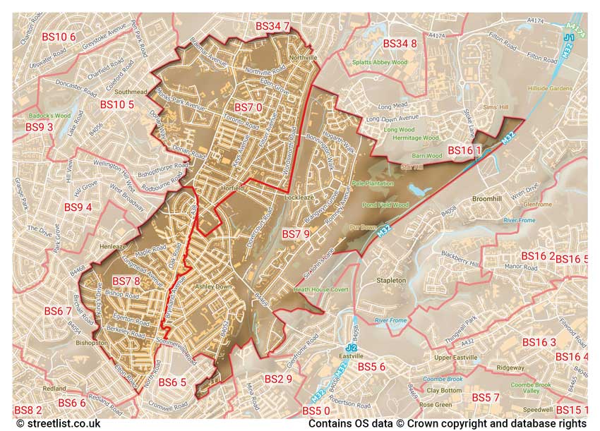 map showing postcode sectors within the BS7 district