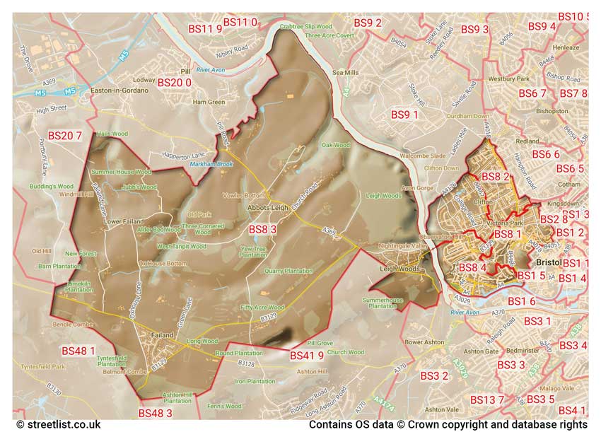 map showing postcode sectors within the BS8 district