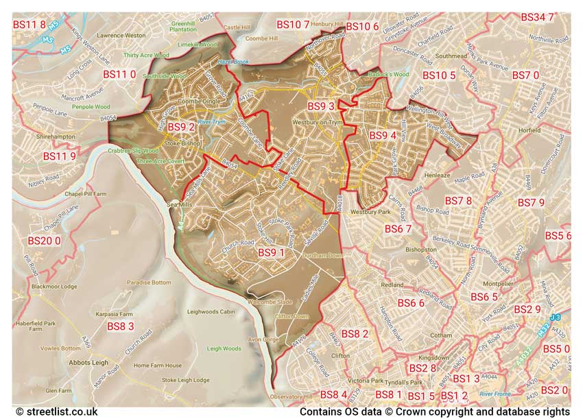 map showing postcode sectors within the BS9 district