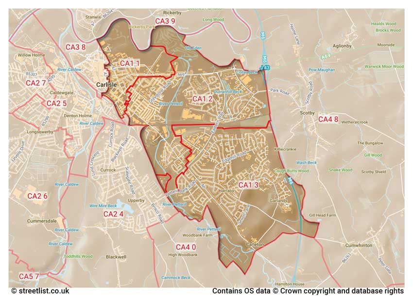 map showing postcode sectors within the CA1 district