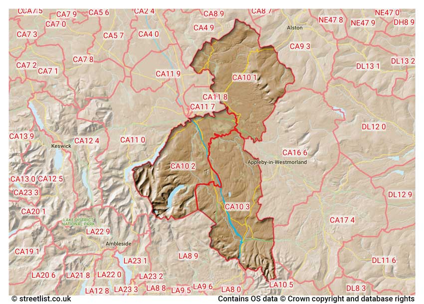 map showing postcode sectors within the CA10 district