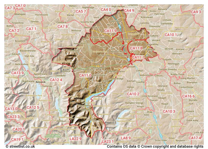 map showing postcode sectors within the CA11 district