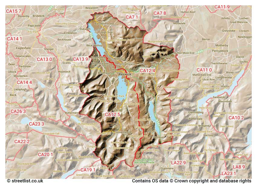 map showing postcode sectors within the CA12 district