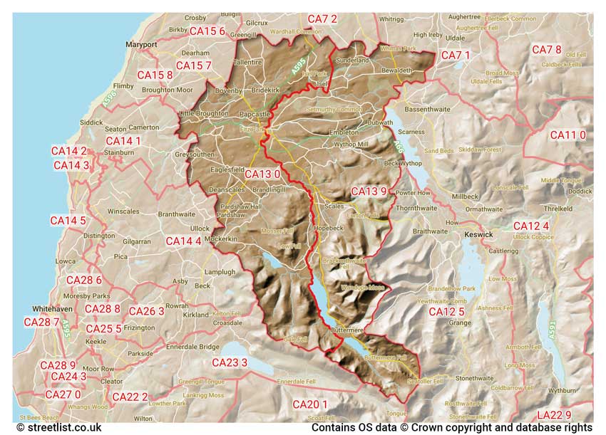 map showing postcode sectors within the CA13 district