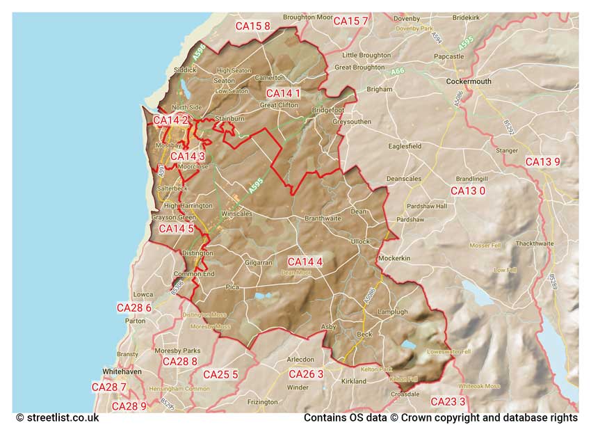 map showing postcode sectors within the CA14 district