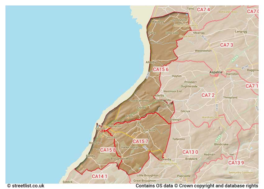 map showing postcode sectors within the CA15 district