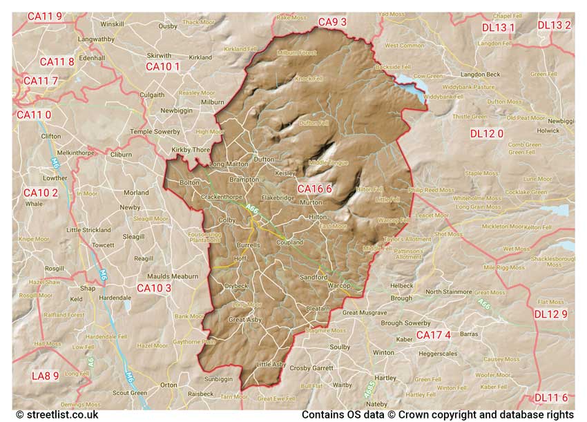 map showing postcode sectors within the CA16 district