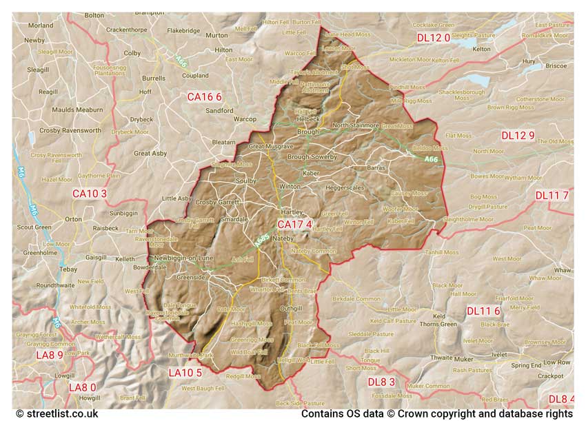 map showing postcode sectors within the CA17 district