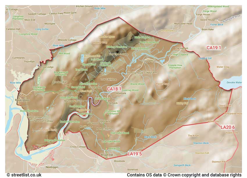 map showing postcode sectors within the CA18 district