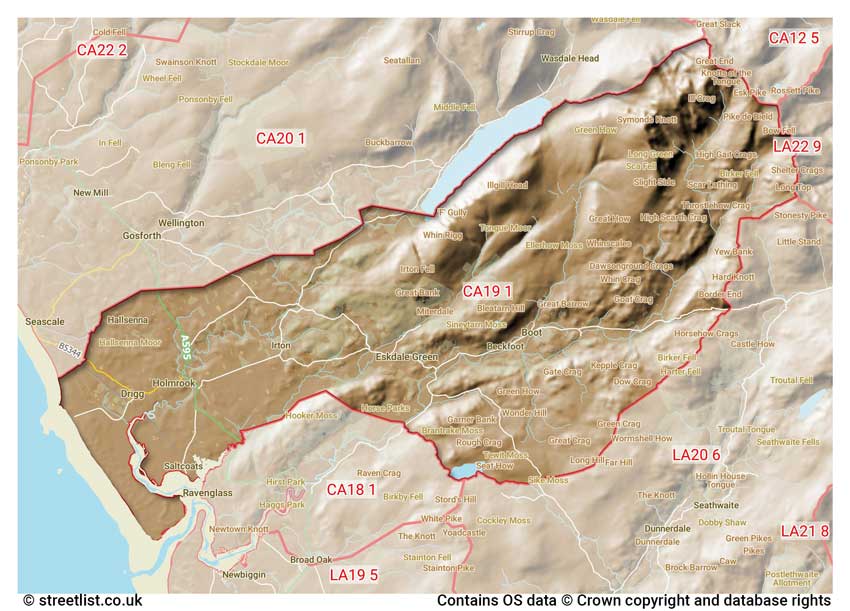 map showing postcode sectors within the CA19 district