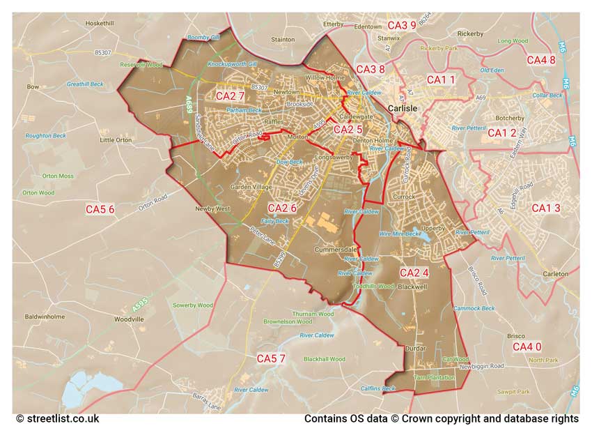 map showing postcode sectors within the CA2 district