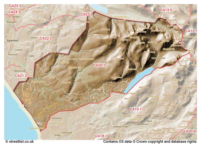 map showing postcode sectors within the CA20 district