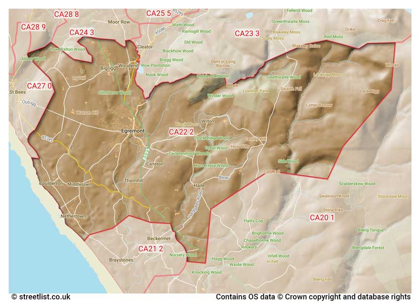 map showing postcode sectors within the CA22 district