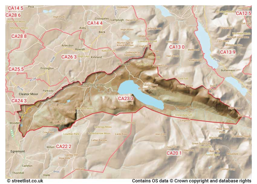 map showing postcode sectors within the CA23 district