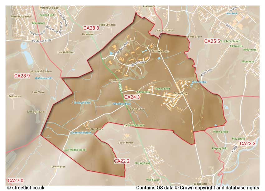 map showing postcode sectors within the CA24 district