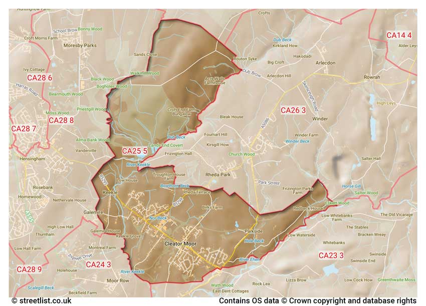 map showing postcode sectors within the CA25 district