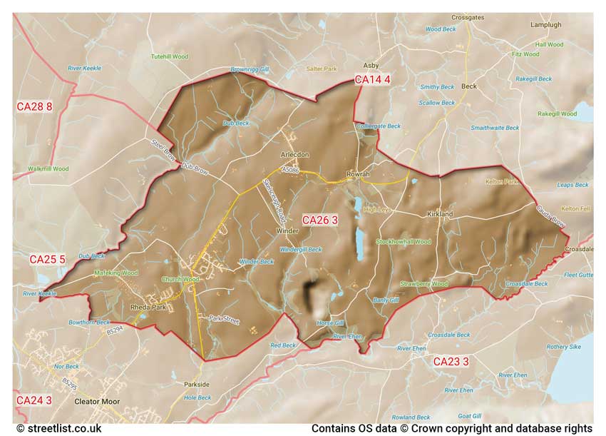 map showing postcode sectors within the CA26 district