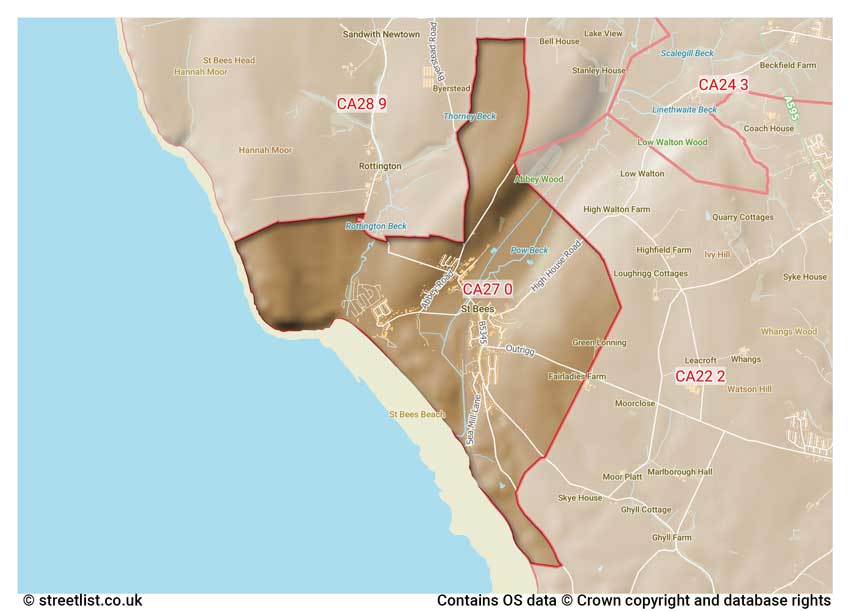 map showing postcode sectors within the CA27 district