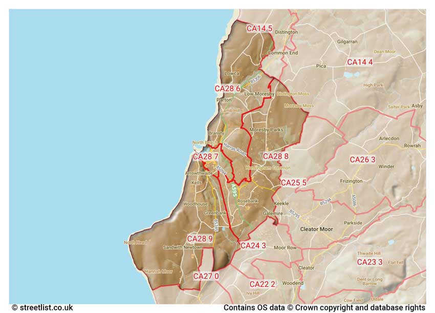 map showing postcode sectors within the CA28 district