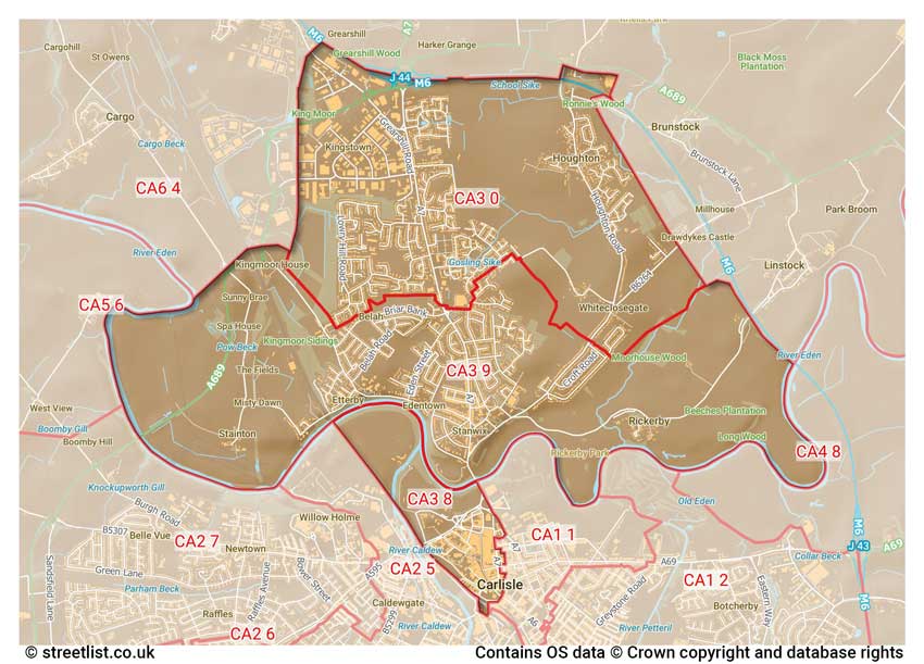 map showing postcode sectors within the CA3 district