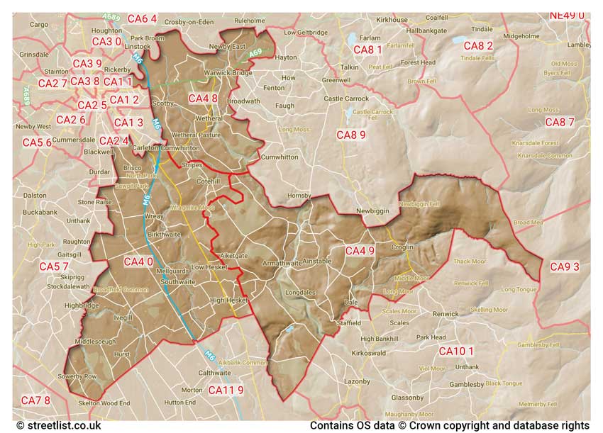 map showing postcode sectors within the CA4 district