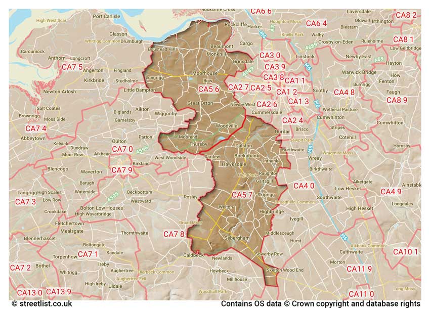 map showing postcode sectors within the CA5 district