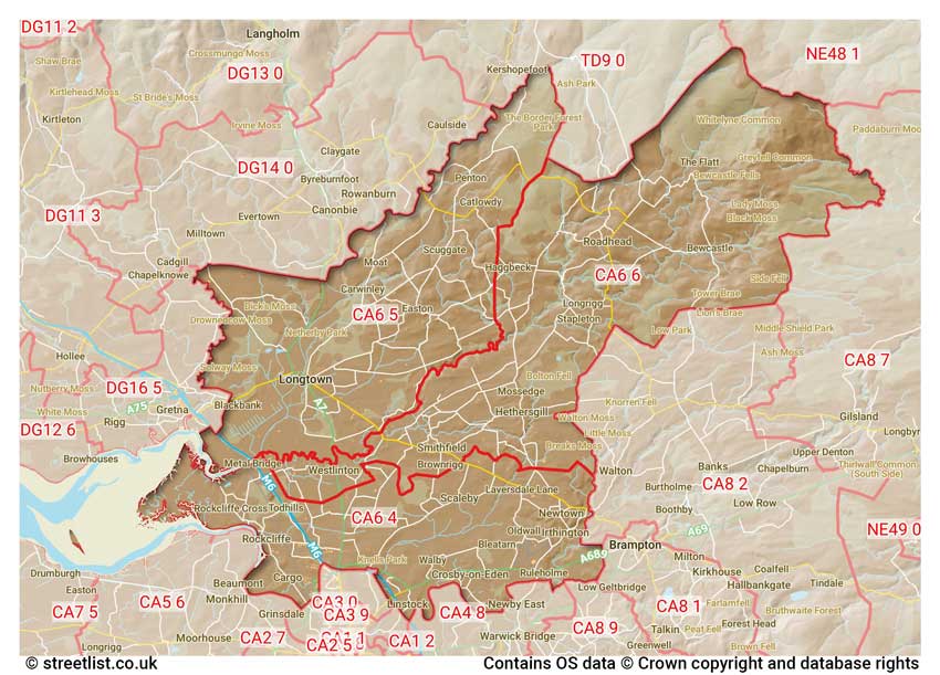 map showing postcode sectors within the CA6 district