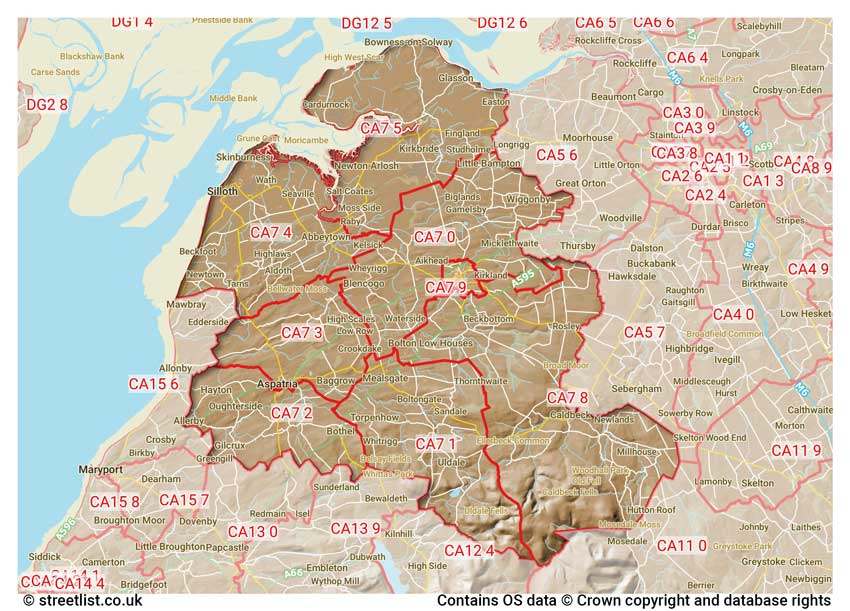 map showing postcode sectors within the CA7 district