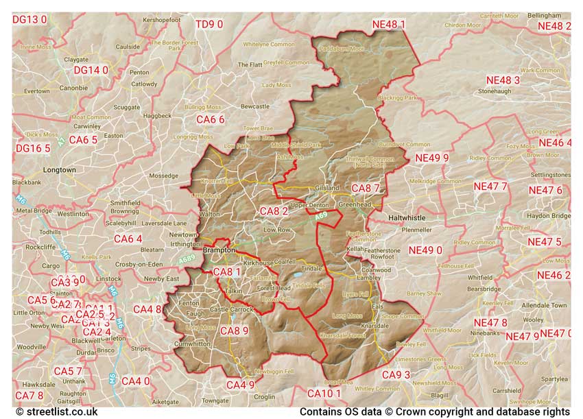 map showing postcode sectors within the CA8 district