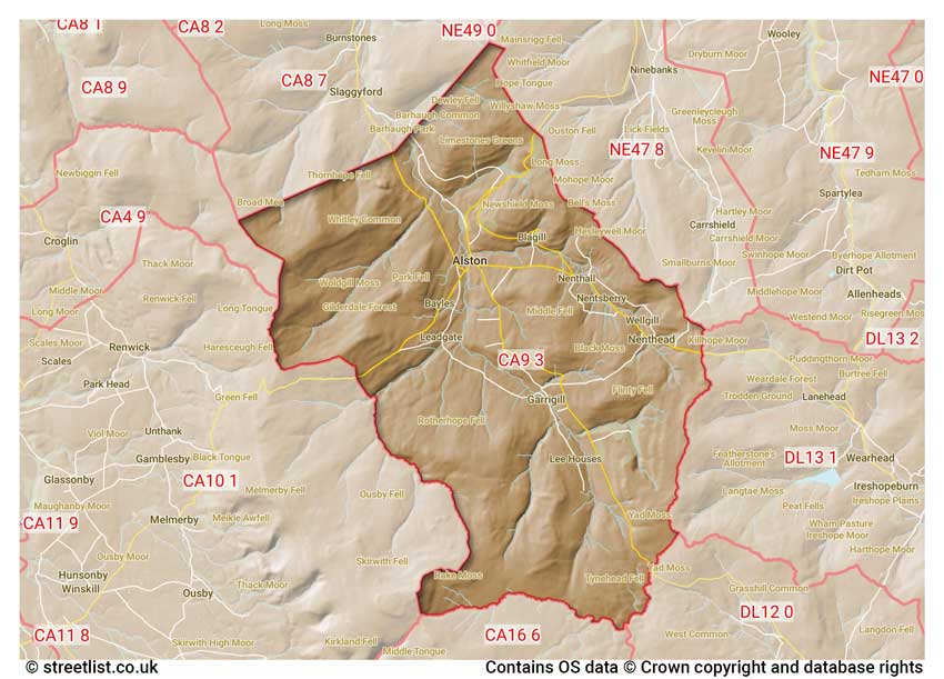 map showing postcode sectors within the CA9 district