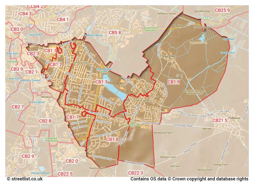 map showing postcode sectors within the CB1 district