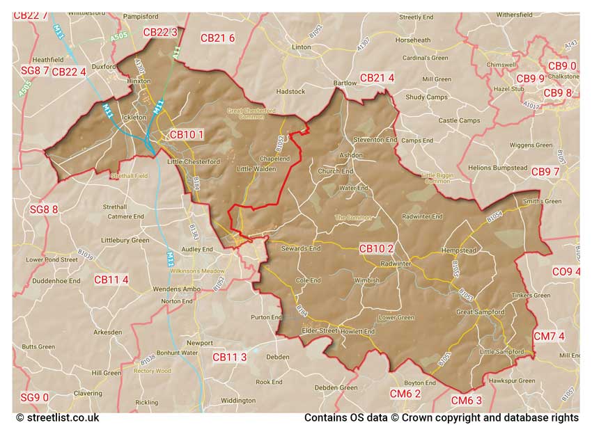 map showing postcode sectors within the CB10 district