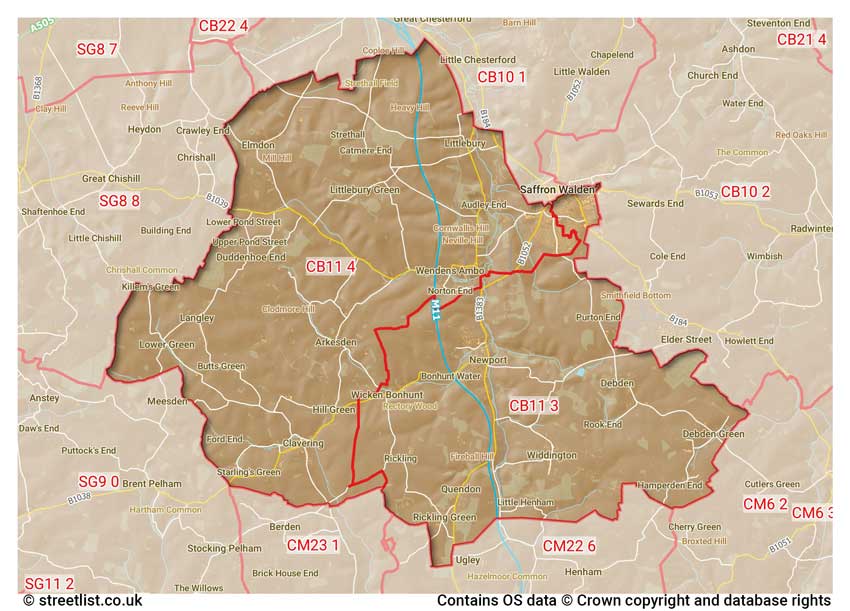 map showing postcode sectors within the CB11 district