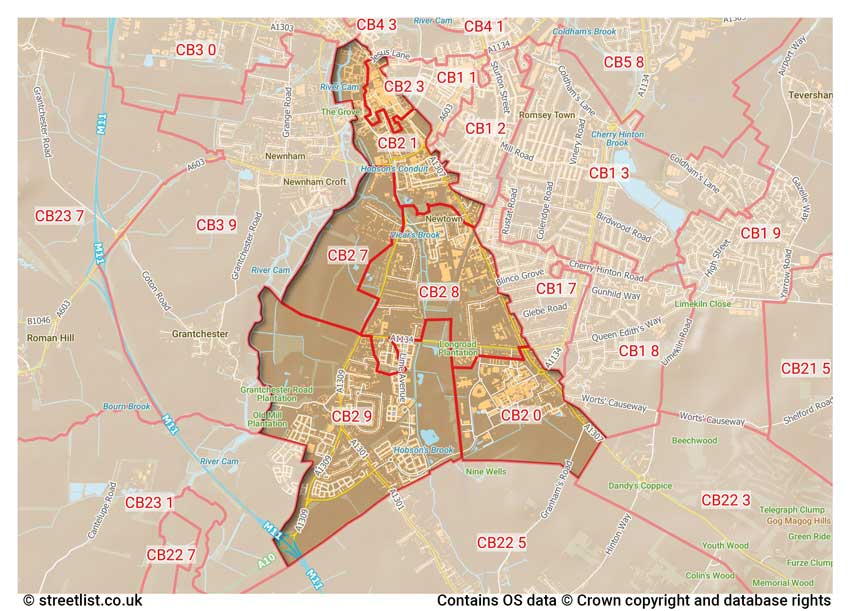 map showing postcode sectors within the CB2 district